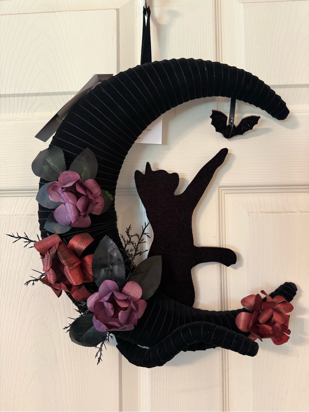 Velvet Black Moon Cat Wreath with Purple & Red Flowers Halloween Wiccan Gothic